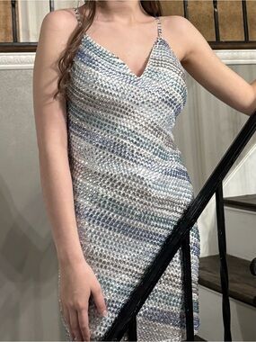 Sparkling Blue & Silver Slip Dress with V-Neck
